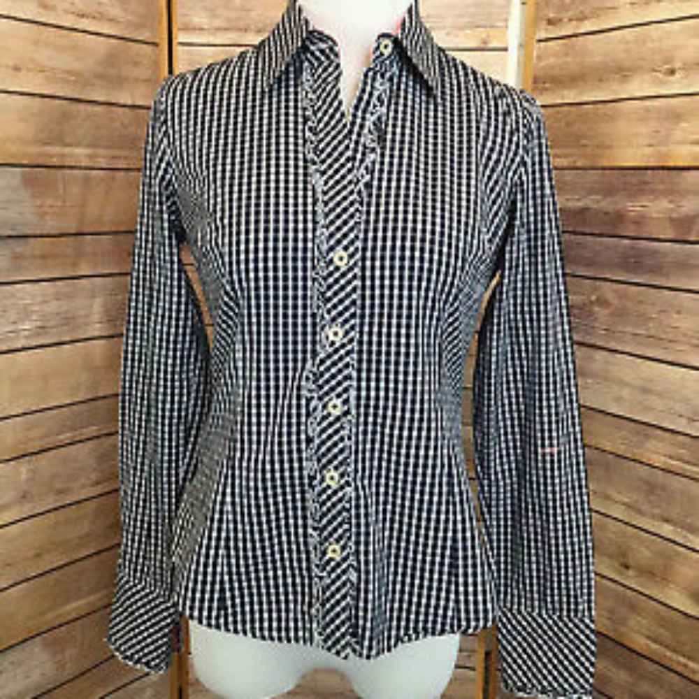 Lilly Pulitzer Jonnie Check Plaid Ruffle Trim Button Up Shirt Navy Size 8